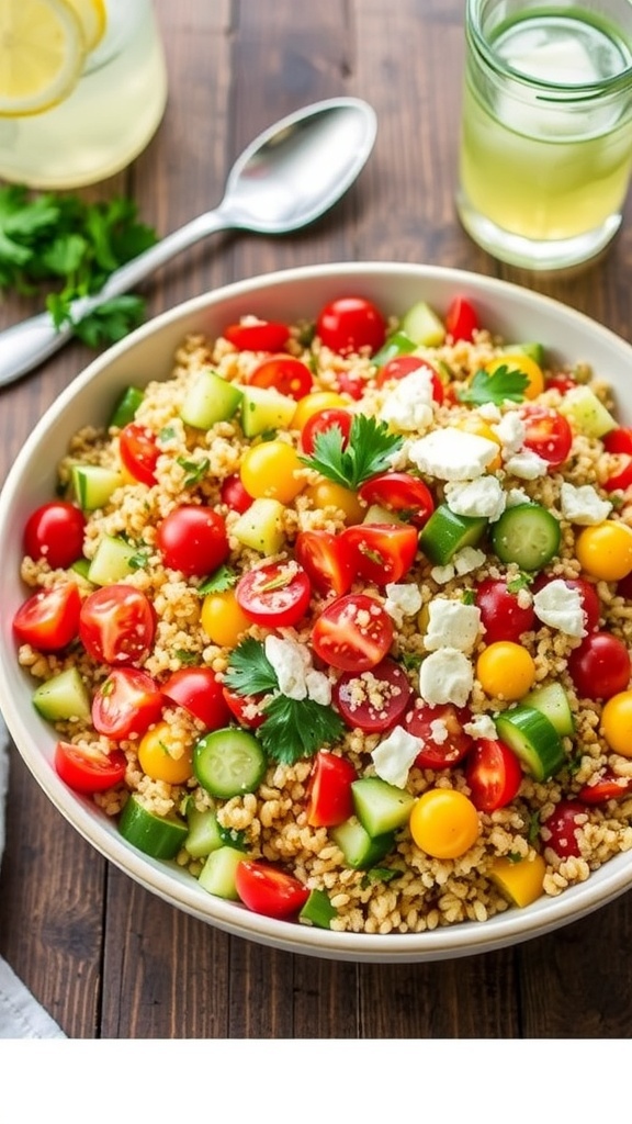 A colorful bowl of Mediterranean orzo and quinoa salad with cherry tomatoes, cucumbers, bell peppers, and feta cheese on a wooden table.